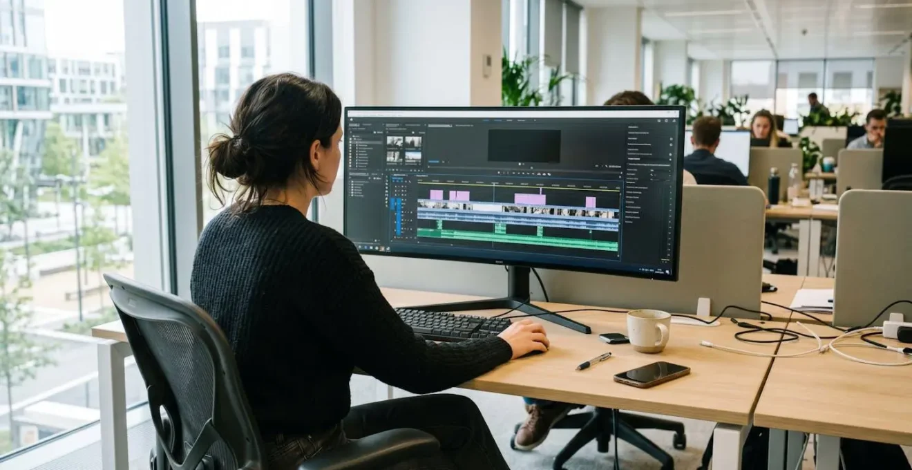 Un professionnel marketing consulte une interface de montage vidéo avec plusieurs clips affichés sur un grand écran dans un bureau moderne