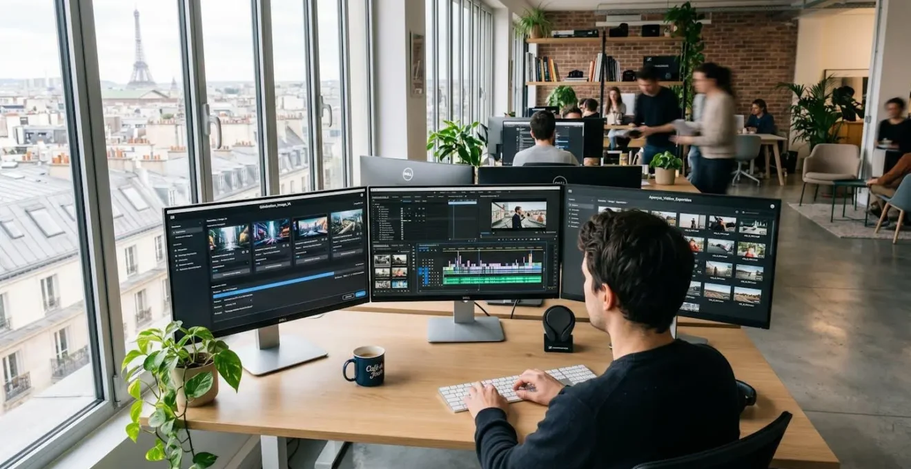 Espace de travail créatif contemporain avec trois écrans d'ordinateur affichant des interfaces de montage vidéo et de génération par intelligence artificielle dans un bureau lumineux