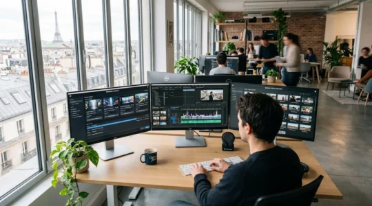 Espace de travail créatif contemporain avec trois écrans d'ordinateur affichant des interfaces de montage vidéo et de génération par intelligence artificielle dans un bureau lumineux